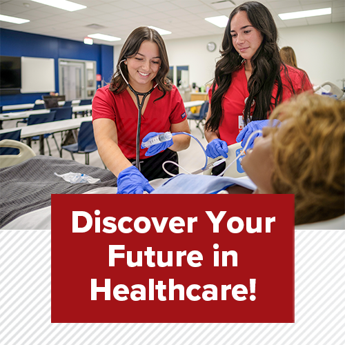 Discover Your Future in Healthcare text with image of smiling nursing students