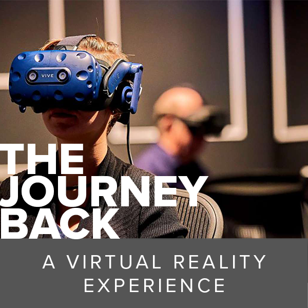 The Journey Back, a virtual reality experience text over image of person waring a VR headset