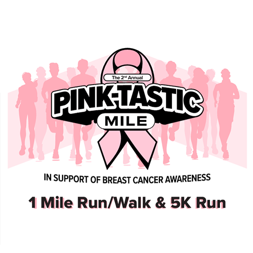 Pink-tastic Mile pink ribbon logo, In support of Breast Cancer Awareness 1 mile run/walk & 5K Run in black text
